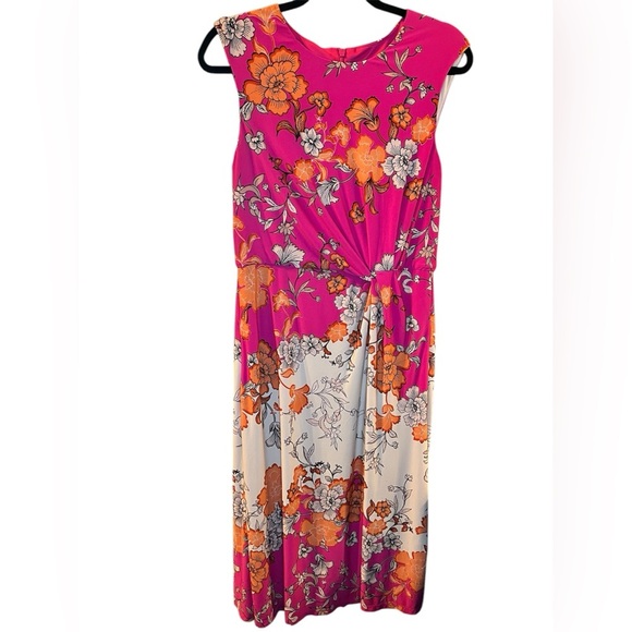 VINCE CAMUTO Pink Floral Sleeveless Knot Waist Fit & Flare Midi Dress - Size 12 - Picture 1 of 7
